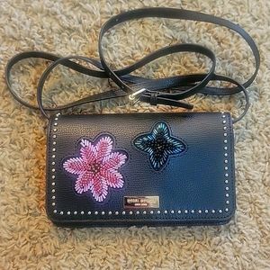 henri bendel black crossbody wallet with pink and teal floral beading